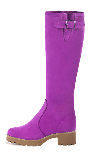 Women's mauve custom-made buckle knee-high boots with  and  - Worn view